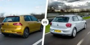 A comparison of a yellow Volkswagen Golf and a silver Volkswagen Polo. The Volkswagen Golf is on the left side, and the Volkswagen Polo is on the right side. The two cars are separated by the word "VS.