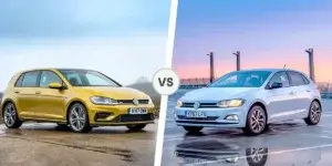 A comparison of a yellow Volkswagen Golf and a silver Volkswagen Polo. The Volkswagen Golf is on the left side, and the Volkswagen Polo is on the right side. The two cars are separated by the word "VS.