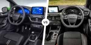 A side-by-side comparison of the interiors of two Ford cars. The interior on the left has a more modern design with a larger touchscreen display and a digital instrument cluster. The interior on the right has a more traditional design with a smaller touchscreen display and analog gauges.