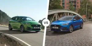 A side-by-side comparison of two Ford cars, a Ford Fiesta and a Ford Focus. The car on the left is green. The car on the right is blue.