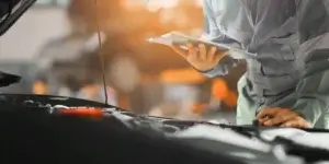 A photo of a mechanic wearing a blue uniform and a clipboard. The mechanic's face is not visible. The background is blurred and shows a garage workshop.