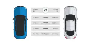 A side-by-side comparison of two Jaguar cars stats.