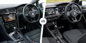 A comparison of the interiors of a Volkswagen Golf R and a Volkswagen Polo GTI. The left side shows the interior of the Volkswagen Golf R, featuring a black dashboard with a large touchscreen, a three-spoke steering wheel, and a gear shifter. The right side shows the interior of the Volkswagen Polo GTI, also with a black dashboard, a large touchscreen, a three-spoke steering wheel, and a gear shifter. The two interiors are separated by the word "VS.