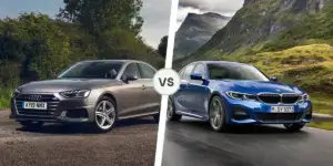 A side-by-side comparison of two cars. On the left is a gray Audi A4 sedan parked on a road with a scenic landscape in the background. The license plate on the car is KY19 NNX. On the right is a blue BMW 3 Series sedan driving on a road with a mountainous landscape in the background. The license plate on the car is MSY 5173.