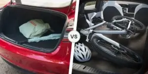 A side-by-side comparison of the trunks of two Tesla cars. On the left is the trunk of a red Tesla Model 3, containing a bag and an umbrella. On the right is the trunk of a Tesla Model S, containing a folded bicycle and a helmet.