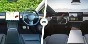 A side-by-side comparison of the interiors of two Tesla cars. On the left is the interior of a Tesla Model 3, featuring a minimalist design with a large touchscreen display and a simple dashboard. On the right is the interior of a Tesla Model S, featuring a more luxurious design with a larger touchscreen display and a more complex dashboard. Both interiors have black steering wheels and a minimalist center console.