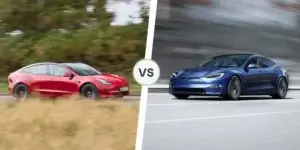 A side-by-side comparison of two Tesla cars. On the left is a red Tesla Model 3 Performance, and on the right is a blue Tesla Model S Plaid. Both cars are driving on roads with blurred backgrounds.