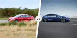 A side-by-side comparison of two Tesla cars. On the left is a red Tesla Model 3, and on the right is a blue Tesla Model S. Both cars are driving on roads with blurred backgrounds.