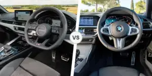 A side-by-side comparison of the interiors of two cars. On the left is the interior of an Audi A4, featuring a large touchscreen display, a digital instrument cluster, and a sporty steering wheel. On the right is the interior of a BMW 3 Series, featuring a curved touchscreen display, a digital instrument cluster, and a sporty steering wheel. Both interiors have black dashboards and seats.