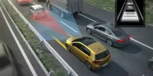 A yellow Volkswagen Golf car driving on a highway with other cars and a truck in front of it. The car's radar sensors are detecting other vehicles on the road, as shown by the blue lines and red bars around the car. The car is also using lane departure warning technology, as shown by the yellow lines on the road.