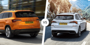 Rear view comparison of an orange Škoda Karoq and a white Škoda Kodiaq