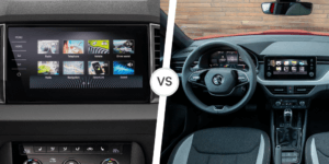 Side-by-side comparison of the dashboard and infotainment system in the Škoda Karoq and Škoda Kodiaq