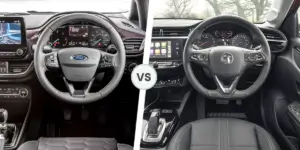 A side-by-side comparison of the interiors of a Ford Fiesta and a Vauxhall Corsa. The left side shows the interior of the Ford Fiesta, featuring a large touchscreen display, a digital instrument cluster, and a leather-wrapped steering wheel. The right side shows the interior of the Vauxhall Corsa, featuring a similar layout with a large touchscreen display, a digital instrument cluster, and a leather-wrapped steering wheel.