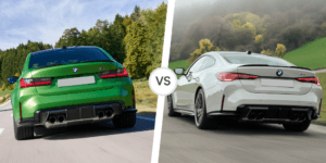 A comparison of the BMW M3 and M4 rear ends, showcasing their distinctive styling.