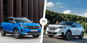 A comparison of the Peugeot 3008 and 2008 models, highlighting their design differences.