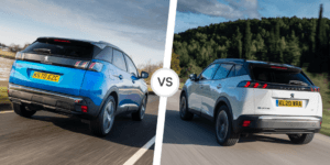 A comparison of the Peugeot 3008 and 2008 rear ends, showcasing their distinctive styling.