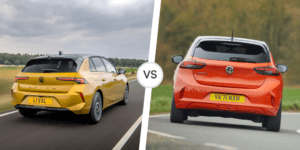 A yellow and an orange Vauxhall Astra and Corsa, highlighting their rear light designs and sporty rear ends.