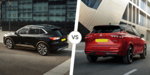 Comparing the rear designs of the Ford Kuga and Nissan Qashqai, highlighting their sporty styling and rear spoilers.